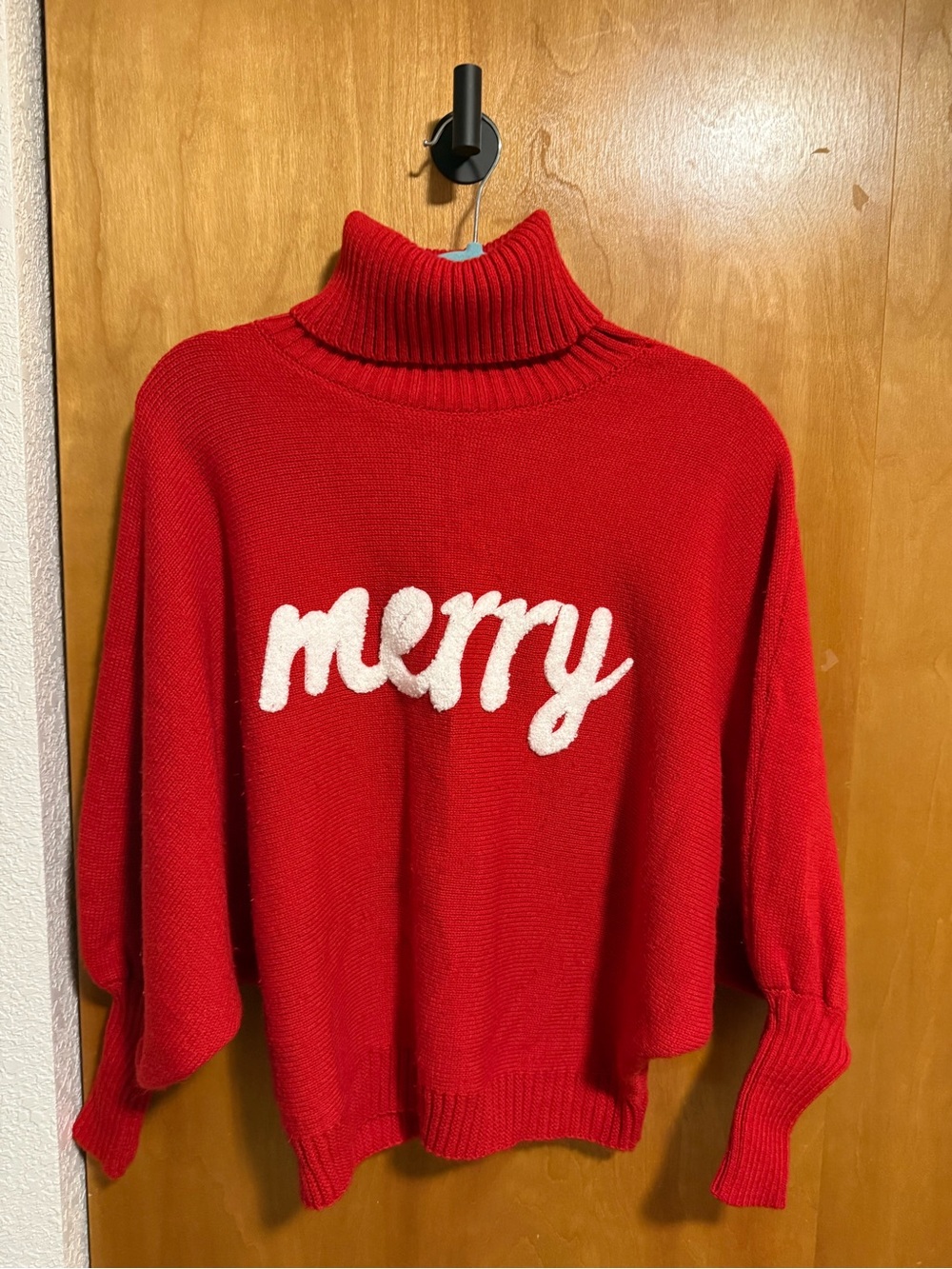 SHEIN Red Turtleneck Sweater with White 'merry' Script